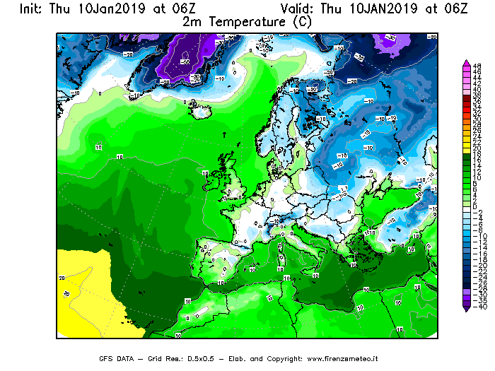 Mappa di analisi GFS - Temperatura a 2 metri dal suolo [°C] in Europa
									del 10/01/2019 06 <!--googleoff: index-->UTC<!--googleon: index-->