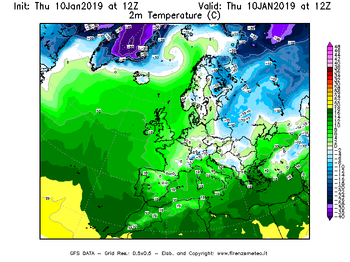 Mappa di analisi GFS - Temperatura a 2 metri dal suolo [°C] in Europa
									del 10/01/2019 12 <!--googleoff: index-->UTC<!--googleon: index-->