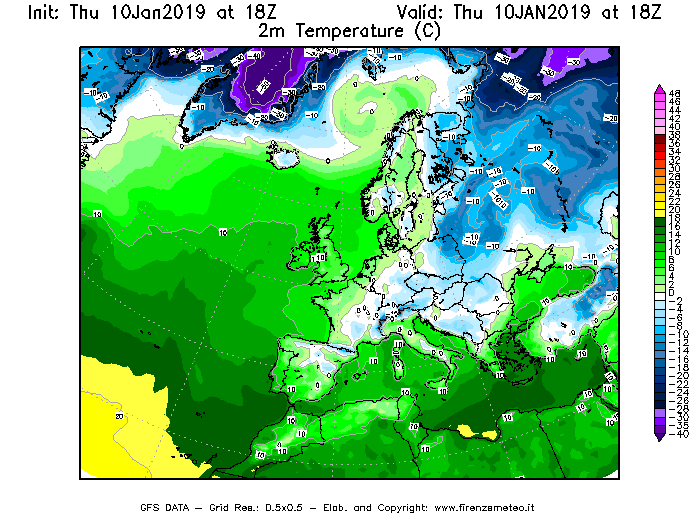 Mappa di analisi GFS - Temperatura a 2 metri dal suolo [°C] in Europa
									del 10/01/2019 18 <!--googleoff: index-->UTC<!--googleon: index-->