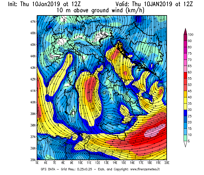 Mappa di analisi GFS - Velocità del vento a 10 metri dal suolo [km/h] in Italia
									del 10/01/2019 12 <!--googleoff: index-->UTC<!--googleon: index-->