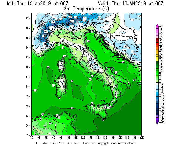 Mappa di analisi GFS - Temperatura a 2 metri dal suolo [°C] in Italia
									del 10/01/2019 06 <!--googleoff: index-->UTC<!--googleon: index-->