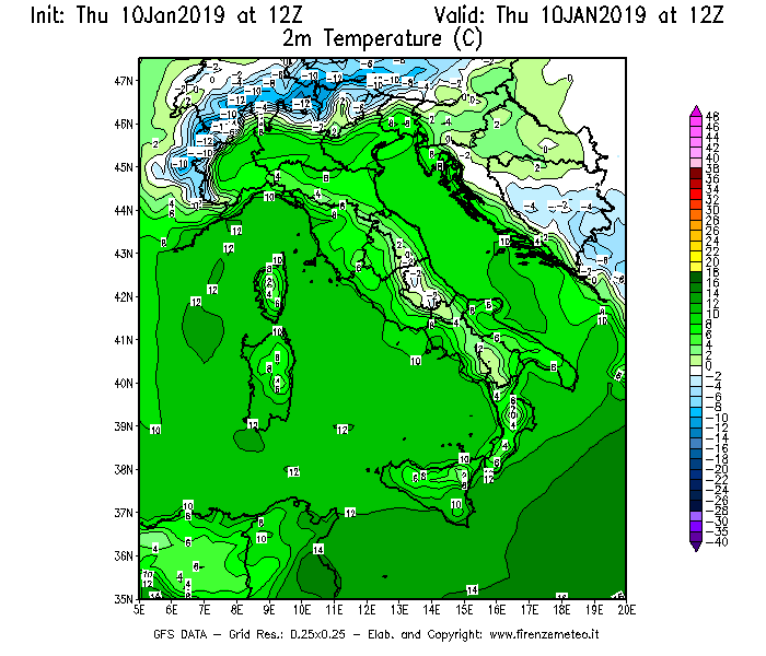 Mappa di analisi GFS - Temperatura a 2 metri dal suolo [°C] in Italia
									del 10/01/2019 12 <!--googleoff: index-->UTC<!--googleon: index-->