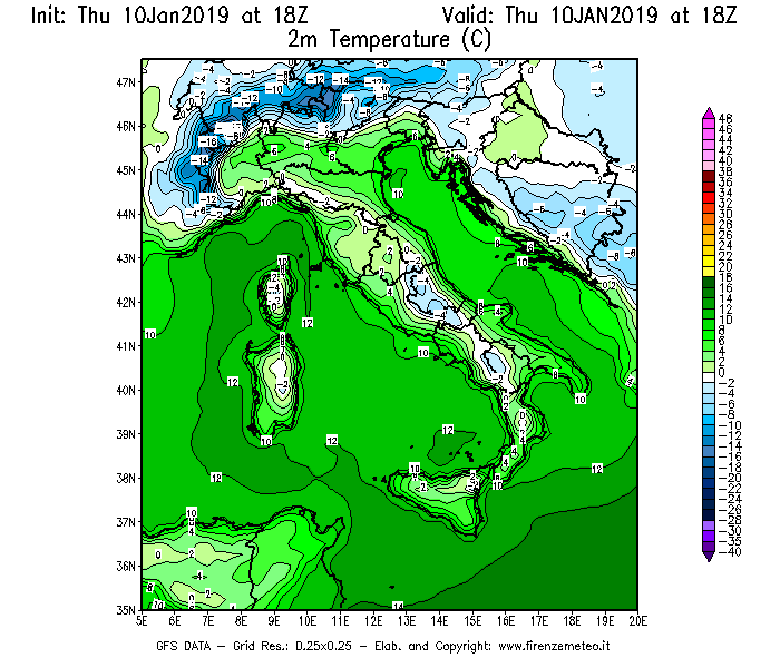 Mappa di analisi GFS - Temperatura a 2 metri dal suolo [°C] in Italia
									del 10/01/2019 18 <!--googleoff: index-->UTC<!--googleon: index-->