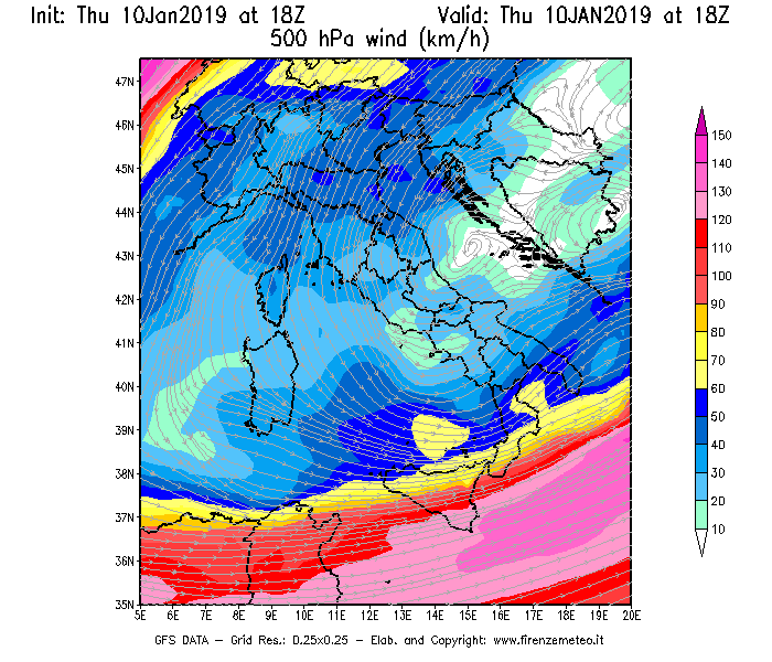 Mappa di analisi GFS - Velocità del vento a 500 hPa [km/h] in Italia
									del 10/01/2019 18 <!--googleoff: index-->UTC<!--googleon: index-->