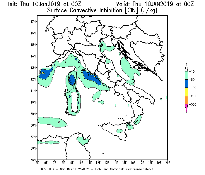Mappa di analisi GFS - CIN [J/kg] in Italia
									del 10/01/2019 00 <!--googleoff: index-->UTC<!--googleon: index-->