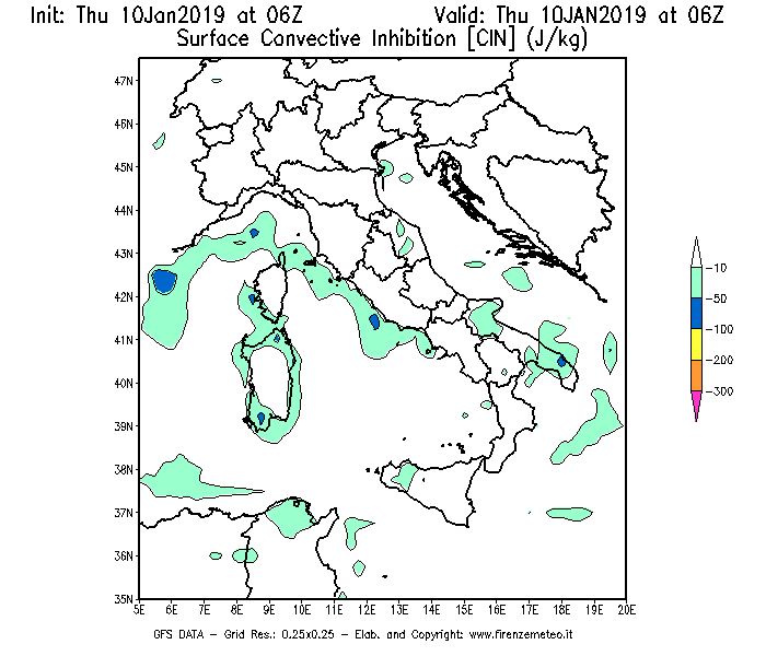 Mappa di analisi GFS - CIN [J/kg] in Italia
									del 10/01/2019 06 <!--googleoff: index-->UTC<!--googleon: index-->