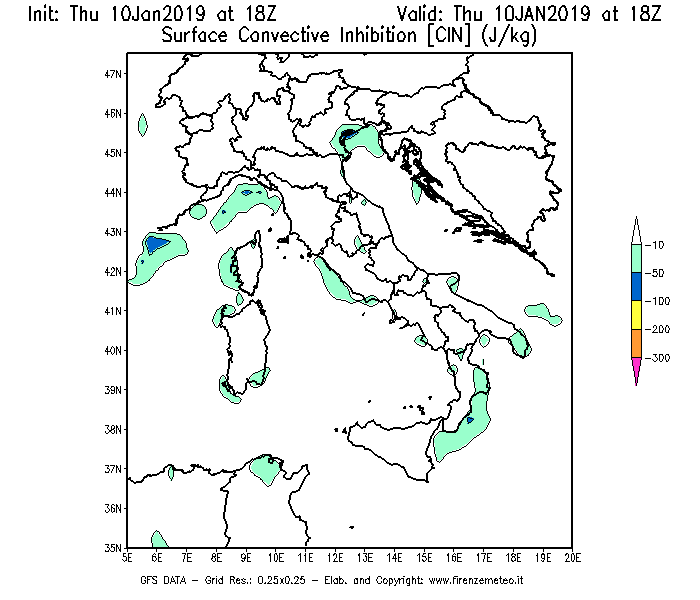 Mappa di analisi GFS - CIN [J/kg] in Italia
									del 10/01/2019 18 <!--googleoff: index-->UTC<!--googleon: index-->