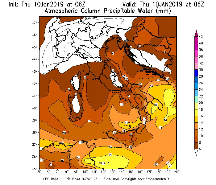Mappa di analisi GFS - Precipitable Water [mm] in Italia
									del 10/01/2019 06 <!--googleoff: index-->UTC<!--googleon: index-->