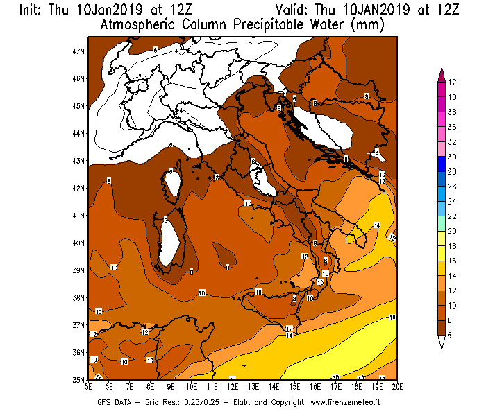 Mappa di analisi GFS - Precipitable Water [mm] in Italia
									del 10/01/2019 12 <!--googleoff: index-->UTC<!--googleon: index-->