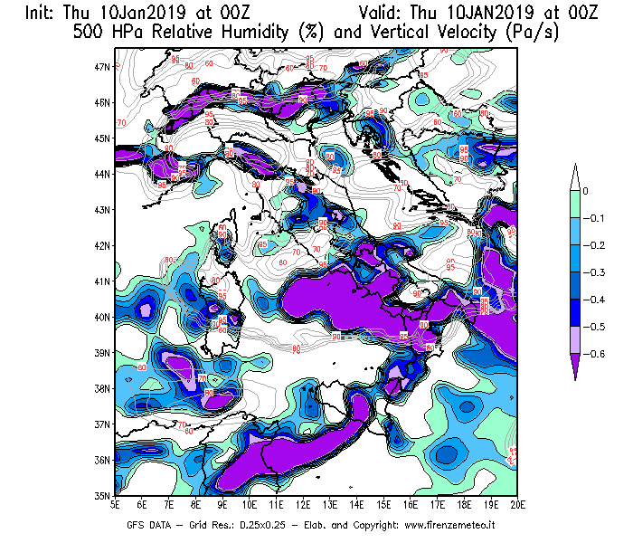 Mappa di analisi GFS - Umidità relativa [%] e Omega [Pa/s] a 500 hPa in Italia
									del 10/01/2019 00 <!--googleoff: index-->UTC<!--googleon: index-->