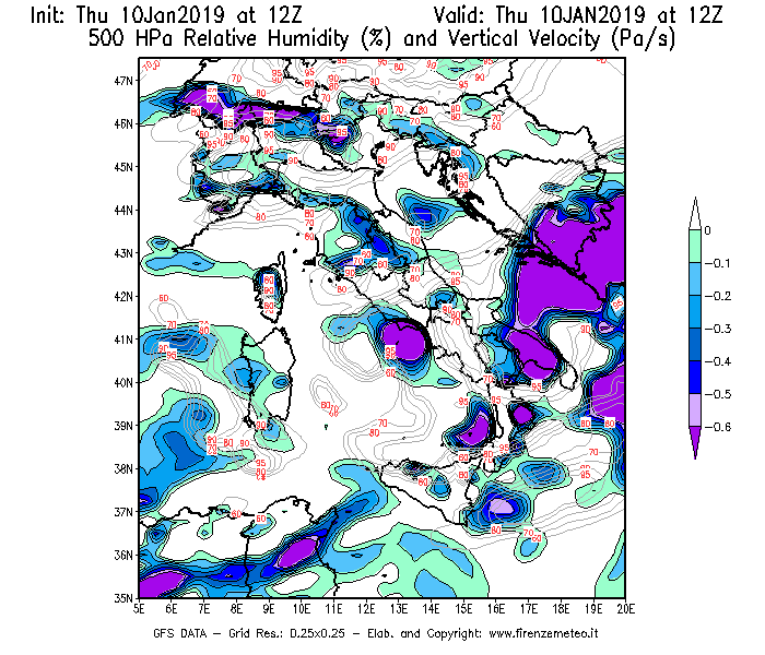 Mappa di analisi GFS - Umidità relativa [%] e Omega [Pa/s] a 500 hPa in Italia
									del 10/01/2019 12 <!--googleoff: index-->UTC<!--googleon: index-->