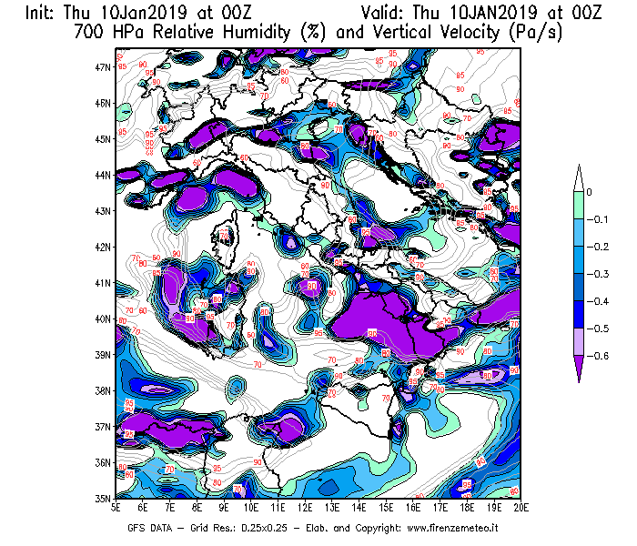 Mappa di analisi GFS - Umidità relativa [%] e Omega [Pa/s] a 700 hPa in Italia
									del 10/01/2019 00 <!--googleoff: index-->UTC<!--googleon: index-->