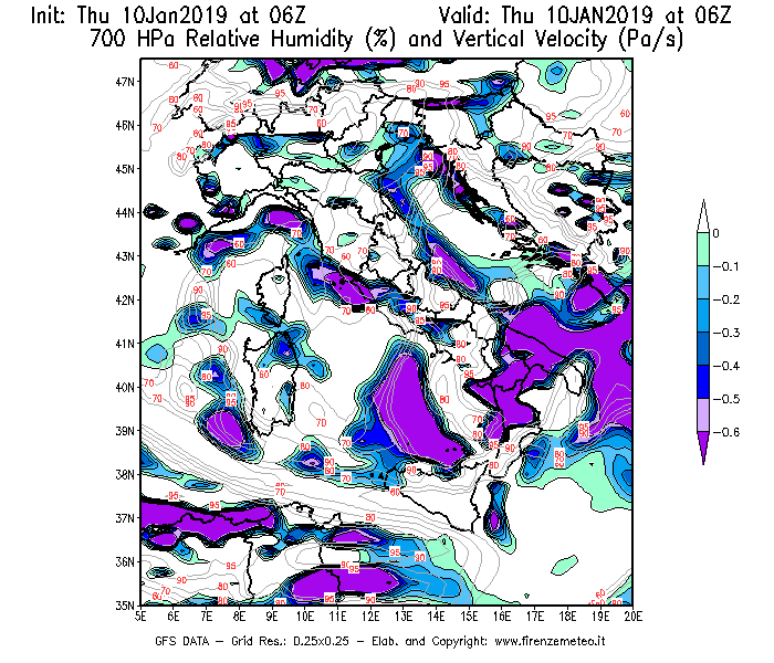 Mappa di analisi GFS - Umidità relativa [%] e Omega [Pa/s] a 700 hPa in Italia
									del 10/01/2019 06 <!--googleoff: index-->UTC<!--googleon: index-->