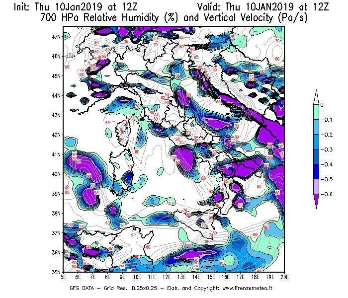Mappa di analisi GFS - Umidità relativa [%] e Omega [Pa/s] a 700 hPa in Italia
									del 10/01/2019 12 <!--googleoff: index-->UTC<!--googleon: index-->