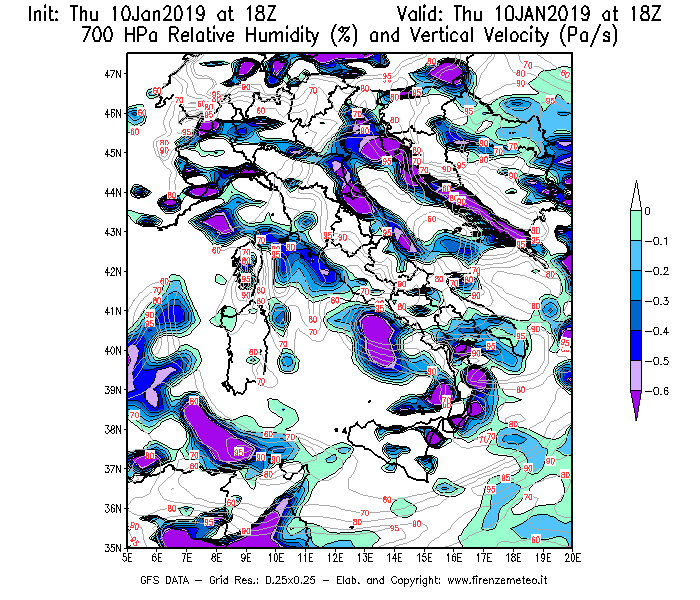 Mappa di analisi GFS - Umidità relativa [%] e Omega [Pa/s] a 700 hPa in Italia
									del 10/01/2019 18 <!--googleoff: index-->UTC<!--googleon: index-->