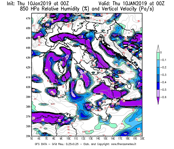 Mappa di analisi GFS - Umidità relativa [%] e Omega [Pa/s] a 850 hPa in Italia
									del 10/01/2019 00 <!--googleoff: index-->UTC<!--googleon: index-->