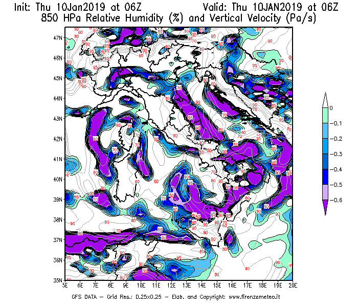 Mappa di analisi GFS - Umidità relativa [%] e Omega [Pa/s] a 850 hPa in Italia
									del 10/01/2019 06 <!--googleoff: index-->UTC<!--googleon: index-->