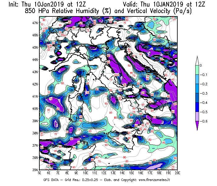 Mappa di analisi GFS - Umidità relativa [%] e Omega [Pa/s] a 850 hPa in Italia
									del 10/01/2019 12 <!--googleoff: index-->UTC<!--googleon: index-->