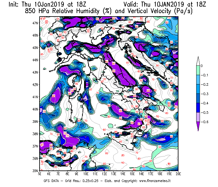 Mappa di analisi GFS - Umidità relativa [%] e Omega [Pa/s] a 850 hPa in Italia
									del 10/01/2019 18 <!--googleoff: index-->UTC<!--googleon: index-->
