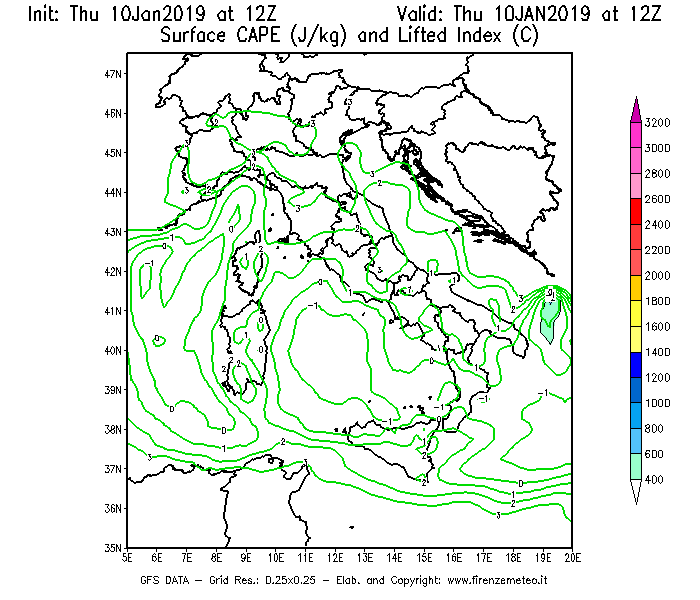 Mappa di analisi GFS - CAPE [J/kg] e Lifted Index [°C] in Italia
									del 10/01/2019 12 <!--googleoff: index-->UTC<!--googleon: index-->