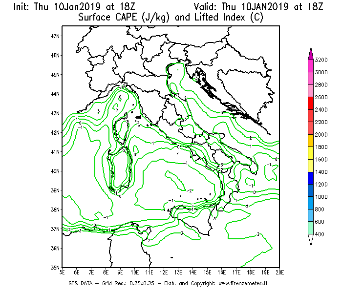 Mappa di analisi GFS - CAPE [J/kg] e Lifted Index [°C] in Italia
									del 10/01/2019 18 <!--googleoff: index-->UTC<!--googleon: index-->