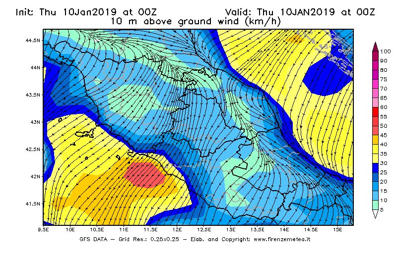 Mappa di analisi GFS - Velocità del vento a 10 metri dal suolo [km/h] in Centro-Italia
									del 10/01/2019 00 <!--googleoff: index-->UTC<!--googleon: index-->