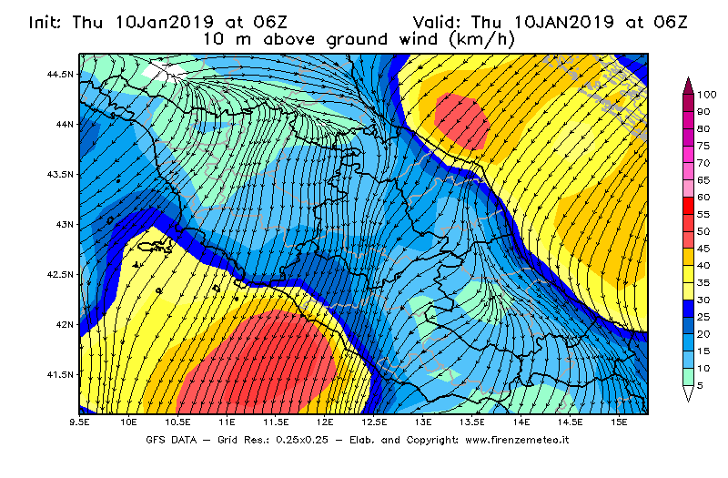 Mappa di analisi GFS - Velocità del vento a 10 metri dal suolo [km/h] in Centro-Italia
									del 10/01/2019 06 <!--googleoff: index-->UTC<!--googleon: index-->