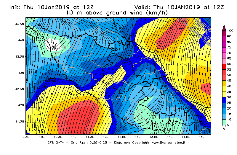 Mappa di analisi GFS - Velocità del vento a 10 metri dal suolo [km/h] in Centro-Italia
									del 10/01/2019 12 <!--googleoff: index-->UTC<!--googleon: index-->