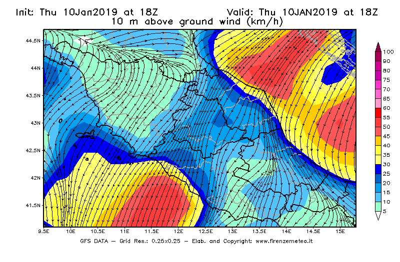 Mappa di analisi GFS - Velocità del vento a 10 metri dal suolo [km/h] in Centro-Italia
									del 10/01/2019 18 <!--googleoff: index-->UTC<!--googleon: index-->