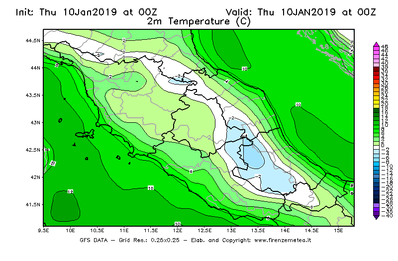 Mappa di analisi GFS - Temperatura a 2 metri dal suolo [°C] in Centro-Italia
									del 10/01/2019 00 <!--googleoff: index-->UTC<!--googleon: index-->