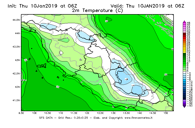 Mappa di analisi GFS - Temperatura a 2 metri dal suolo [°C] in Centro-Italia
									del 10/01/2019 06 <!--googleoff: index-->UTC<!--googleon: index-->