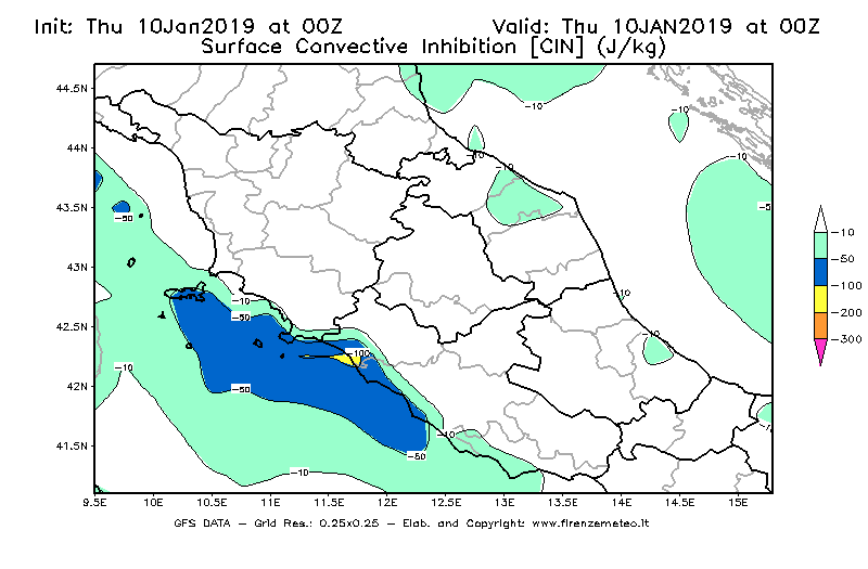 Mappa di analisi GFS - CIN [J/kg] in Centro-Italia
									del 10/01/2019 00 <!--googleoff: index-->UTC<!--googleon: index-->