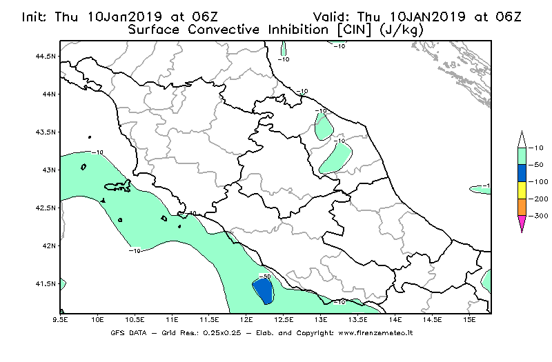 Mappa di analisi GFS - CIN [J/kg] in Centro-Italia
									del 10/01/2019 06 <!--googleoff: index-->UTC<!--googleon: index-->