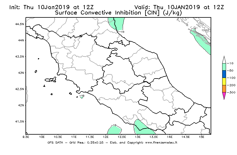 Mappa di analisi GFS - CIN [J/kg] in Centro-Italia
									del 10/01/2019 12 <!--googleoff: index-->UTC<!--googleon: index-->