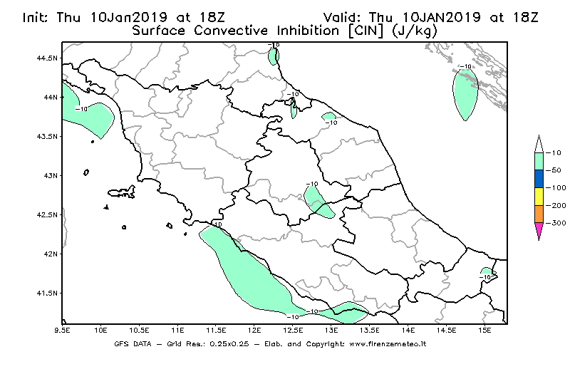 Mappa di analisi GFS - CIN [J/kg] in Centro-Italia
									del 10/01/2019 18 <!--googleoff: index-->UTC<!--googleon: index-->