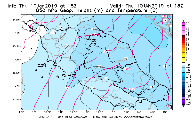 Mappa di analisi GFS - Geopotenziale [m] e Temperatura [°C] a 850 hPa in Centro-Italia
									del 10/01/2019 18 <!--googleoff: index-->UTC<!--googleon: index-->