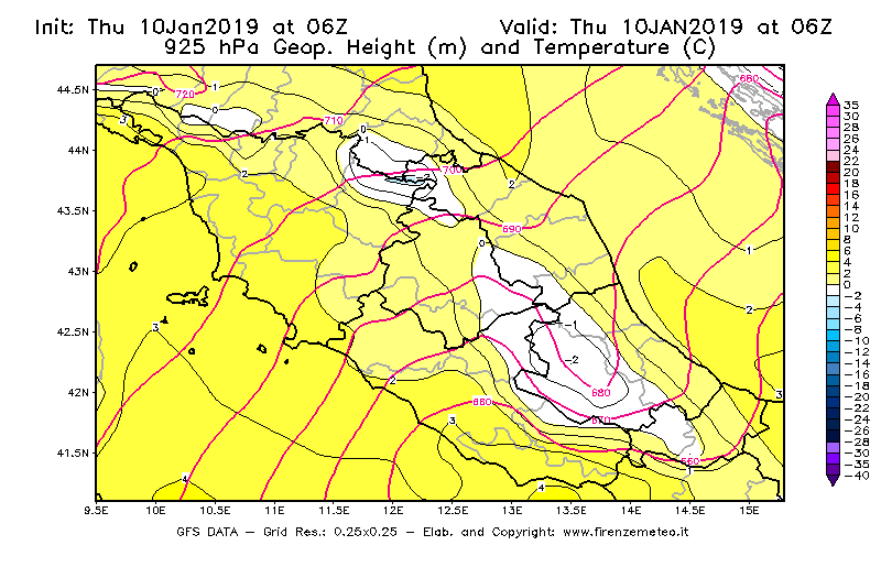 Mappa di analisi GFS - Geopotenziale [m] e Temperatura [°C] a 925 hPa in Centro-Italia
									del 10/01/2019 06 <!--googleoff: index-->UTC<!--googleon: index-->