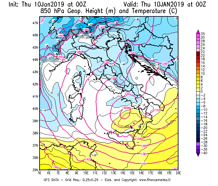 Mappa di analisi GFS - Geopotenziale [m] e Temperatura [°C] a 850 hPa in Italia
									del 10/01/2019 00 <!--googleoff: index-->UTC<!--googleon: index-->