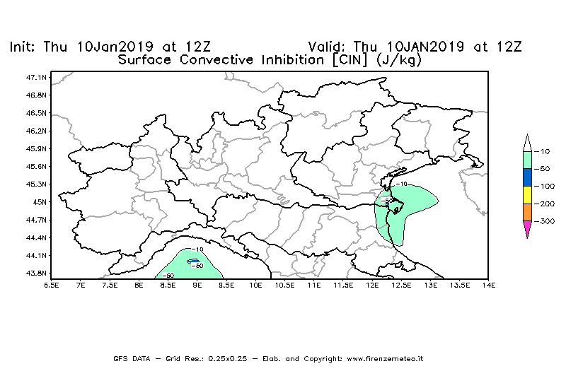 Mappa di analisi GFS - CIN [J/kg] in Nord-Italia
									del 10/01/2019 12 <!--googleoff: index-->UTC<!--googleon: index-->