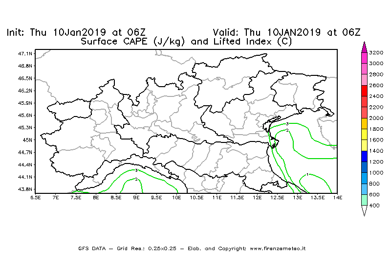 Mappa di analisi GFS - CAPE [J/kg] e Lifted Index [°C] in Nord-Italia
									del 10/01/2019 06 <!--googleoff: index-->UTC<!--googleon: index-->