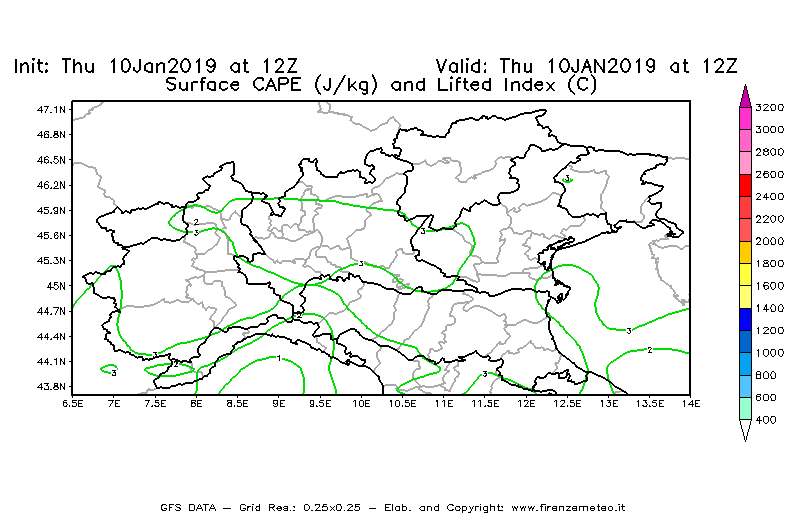 Mappa di analisi GFS - CAPE [J/kg] e Lifted Index [°C] in Nord-Italia
									del 10/01/2019 12 <!--googleoff: index-->UTC<!--googleon: index-->
