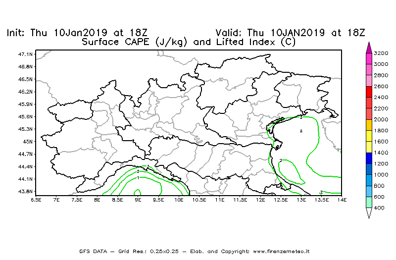 Mappa di analisi GFS - CAPE [J/kg] e Lifted Index [°C] in Nord-Italia
									del 10/01/2019 18 <!--googleoff: index-->UTC<!--googleon: index-->