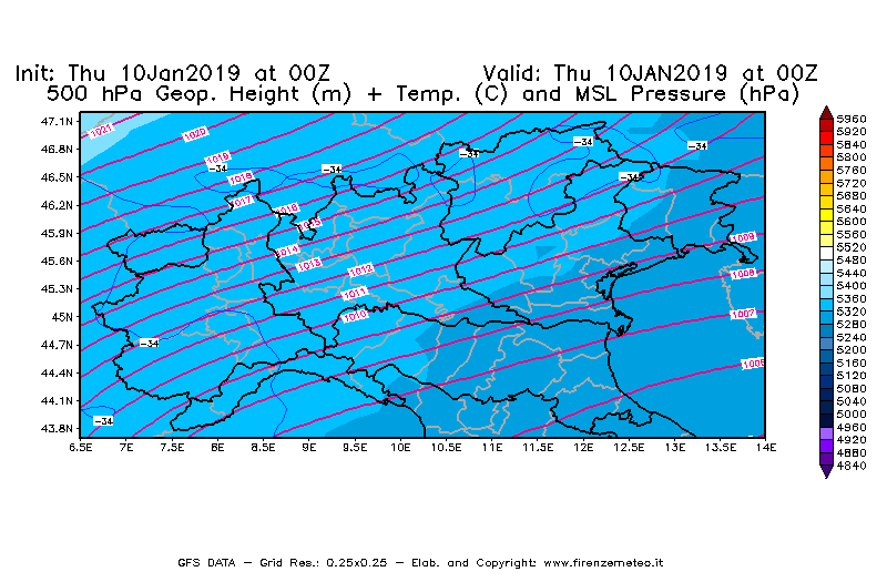Mappa di analisi GFS - Geopotenziale [m] + Temp. [°C] a 500 hPa + Press. a livello del mare [hPa] in Nord-Italia
									del 10/01/2019 00 <!--googleoff: index-->UTC<!--googleon: index-->
