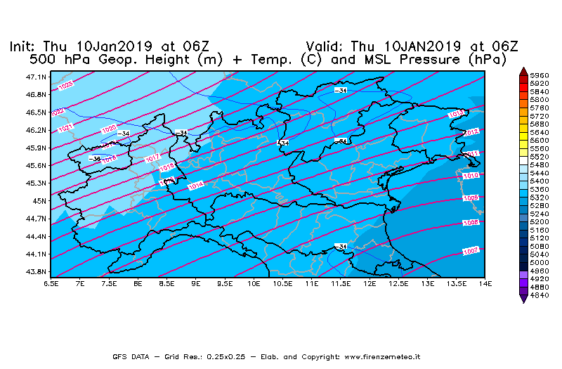 Mappa di analisi GFS - Geopotenziale [m] + Temp. [°C] a 500 hPa + Press. a livello del mare [hPa] in Nord-Italia
									del 10/01/2019 06 <!--googleoff: index-->UTC<!--googleon: index-->