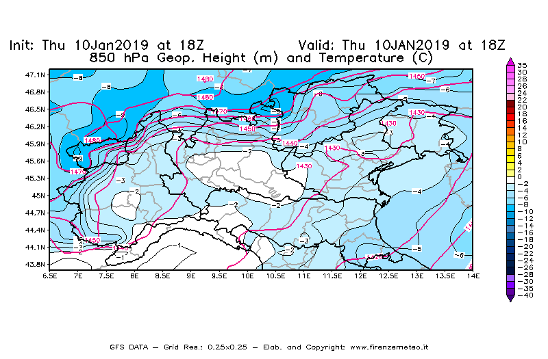 Mappa di analisi GFS - Geopotenziale [m] e Temperatura [°C] a 850 hPa in Nord-Italia
									del 10/01/2019 18 <!--googleoff: index-->UTC<!--googleon: index-->