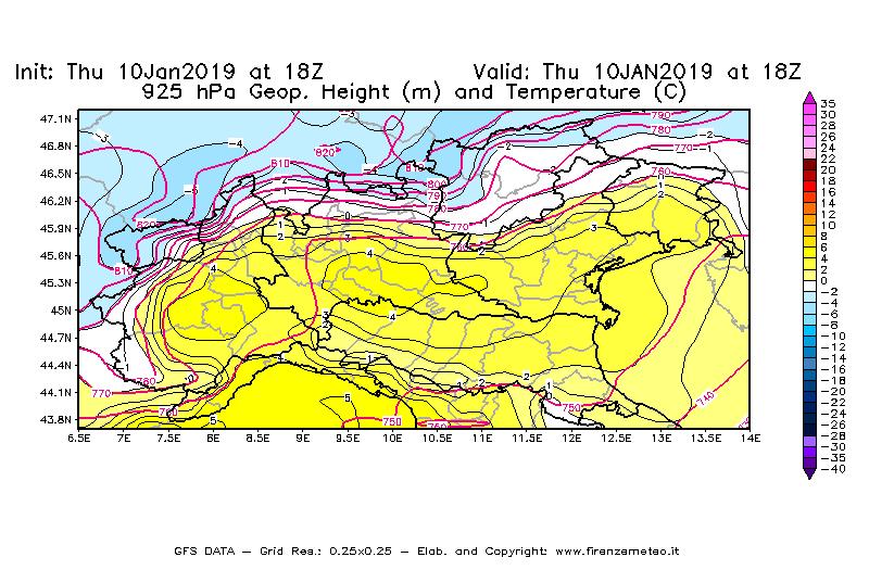 Mappa di analisi GFS - Geopotenziale [m] e Temperatura [°C] a 925 hPa in Nord-Italia
									del 10/01/2019 18 <!--googleoff: index-->UTC<!--googleon: index-->