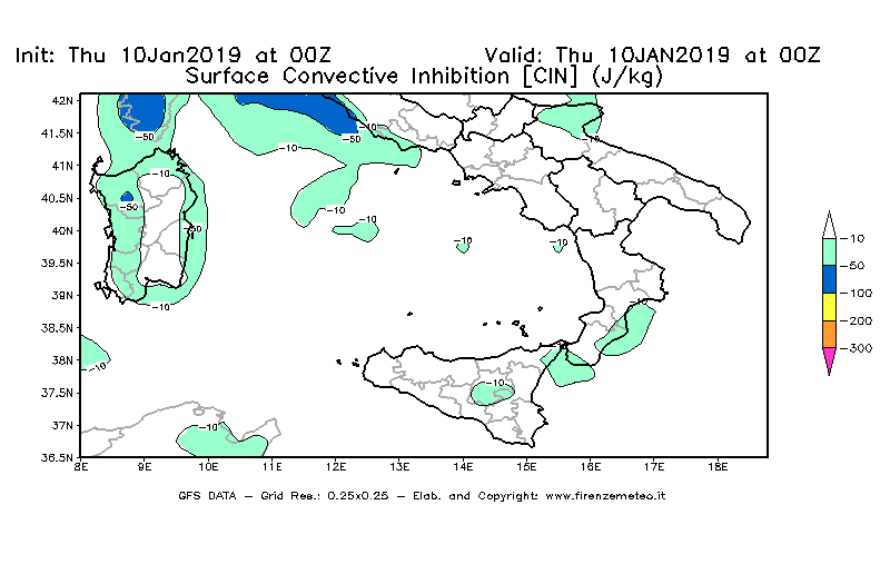 Mappa di analisi GFS - CIN [J/kg] in Sud-Italia
									del 10/01/2019 00 <!--googleoff: index-->UTC<!--googleon: index-->