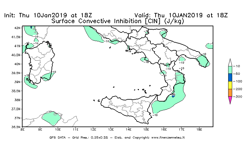 Mappa di analisi GFS - CIN [J/kg] in Sud-Italia
									del 10/01/2019 18 <!--googleoff: index-->UTC<!--googleon: index-->