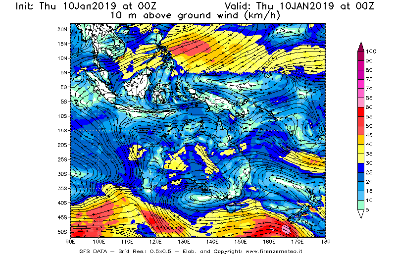 Mappa di analisi GFS - Velocità del vento a 10 metri dal suolo [km/h] in Oceania
									del 10/01/2019 00 <!--googleoff: index-->UTC<!--googleon: index-->