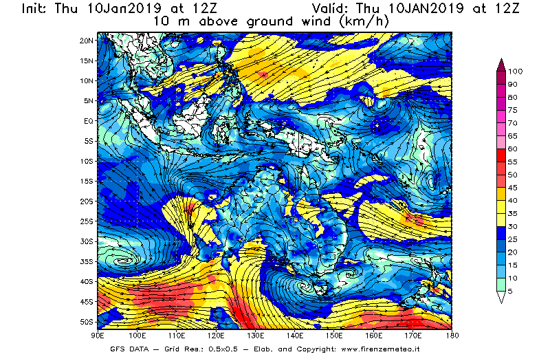 Mappa di analisi GFS - Velocità del vento a 10 metri dal suolo [km/h] in Oceania
									del 10/01/2019 12 <!--googleoff: index-->UTC<!--googleon: index-->